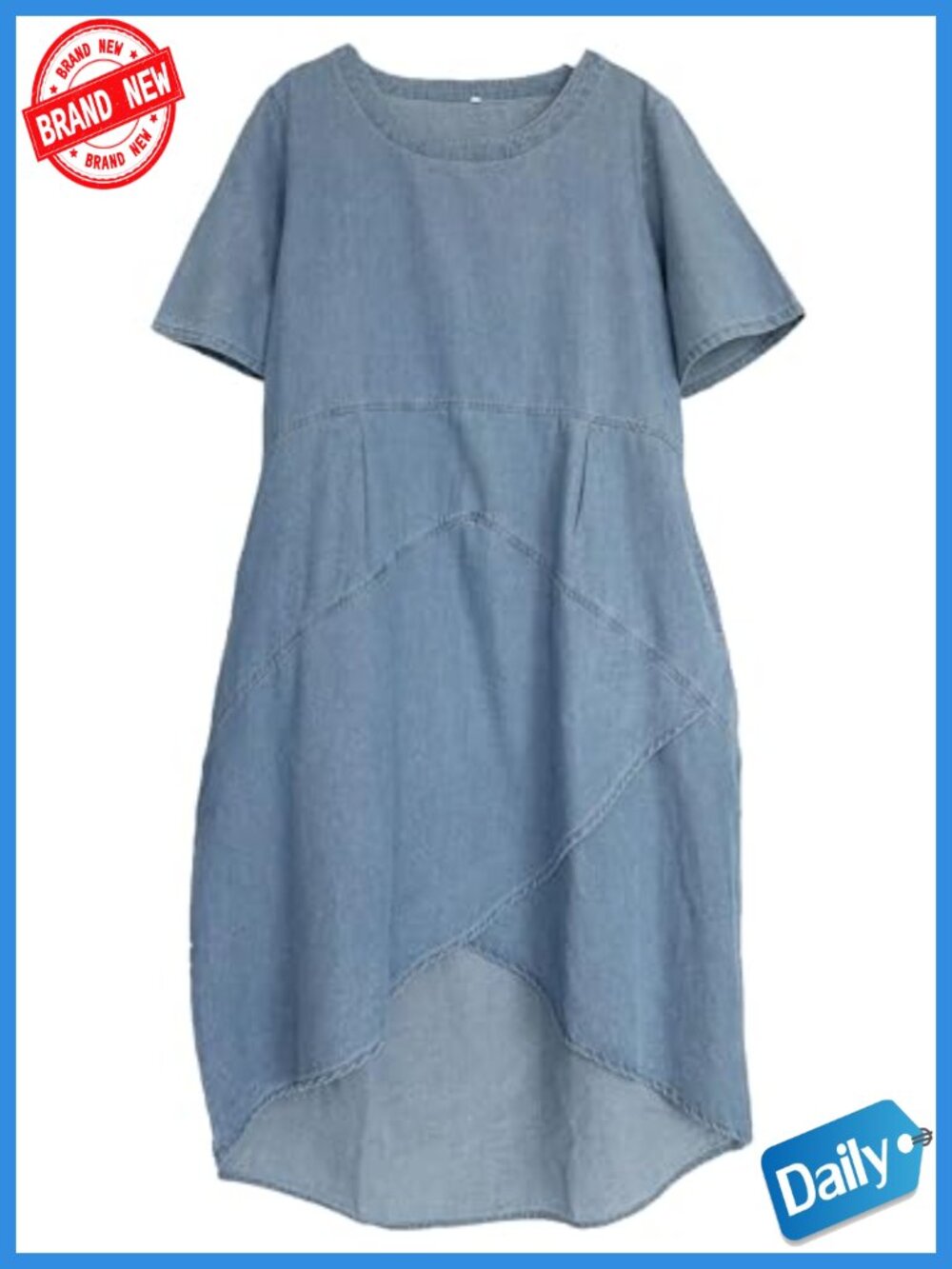 Women's Linen Midi Shift Dress Oversized Short Sleeve Swing Tunic with Pockets